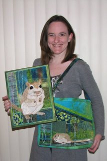 Herman the gerbil with his quilted portrait